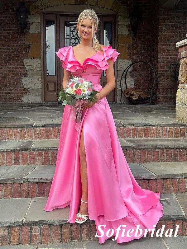 Sexy Satin Spaghetti Straps V-Neck Sleeveless Side Slit A-Line Long Prom Dresses, PD0923