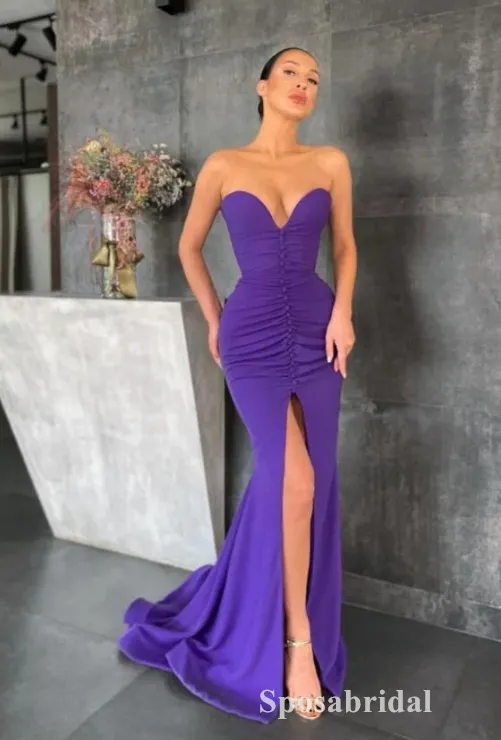 Sexy Satin Sweetheart V-Neck Sleeveless Side Slit Mermaid Long Prom Dresses,PD3717