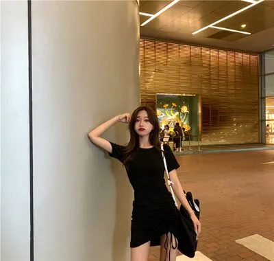 Sexy Strap Temperament Girlfriends Clothes Short Sleeve Dress Women's Summer 2025 New Drawstring Slimming Hip-Wrapped Dress