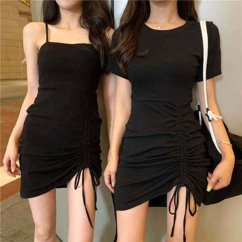 Sexy Strap Temperament Girlfriends Clothes Short Sleeve Dress Women's Summer 2025 New Drawstring Slimming Hip-Wrapped Dress