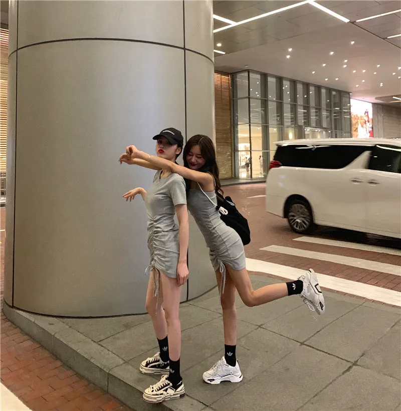 Sexy Strap Temperament Girlfriends Clothes Short Sleeve Dress Women's Summer 2025 New Drawstring Slimming Hip-Wrapped Dress