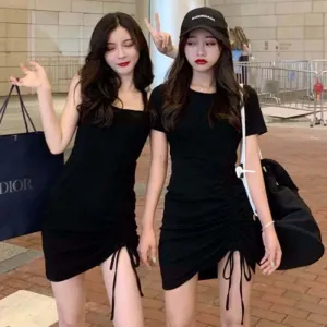 Sexy Strap Temperament Girlfriends Clothes Short Sleeve Dress Women's Summer 2025 New Drawstring Slimming Hip-Wrapped Dress