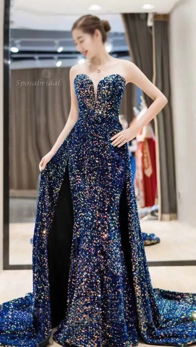 Sexy Strapless Sparkly Sweetheart Mermaid Sequin Long With Tail Prom Dress, PD2361