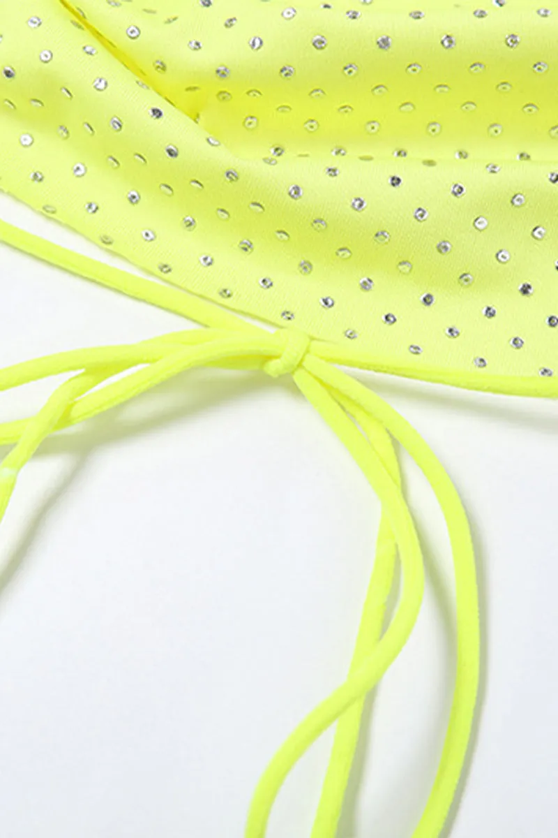 Sexy Vacation Solid Slit Fold Rhinestone Halter Sleeveless Two Pieces