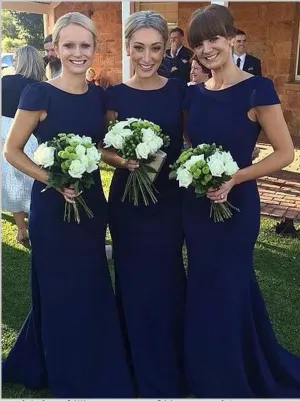 Sheath Short Sleeves Satin Bridesmaid Dresses Floor Length