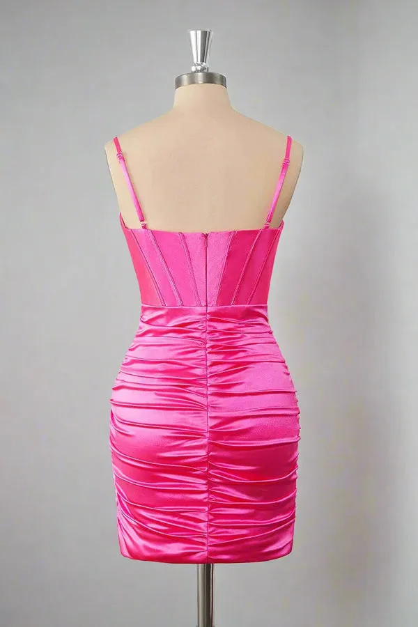 Sheath Straps Pleated Short Hot Pink Homecoming Dress TN4006