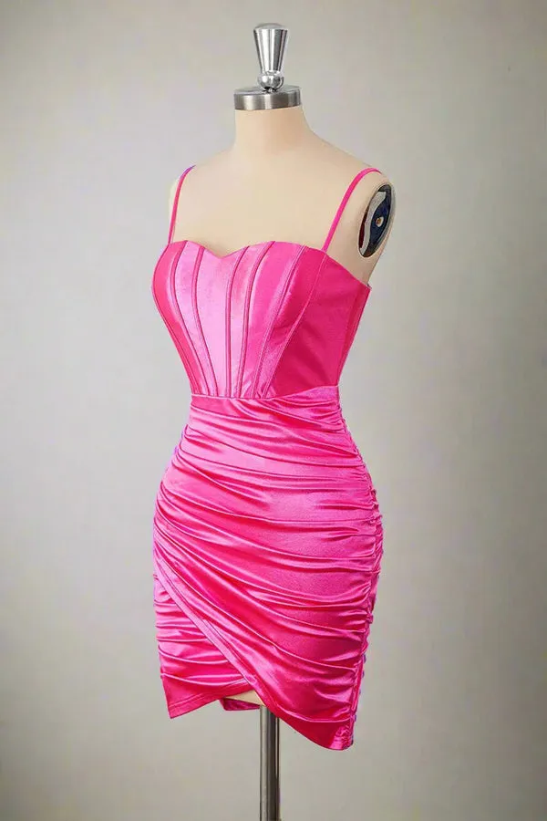 Sheath Straps Pleated Short Hot Pink Homecoming Dress TN4006