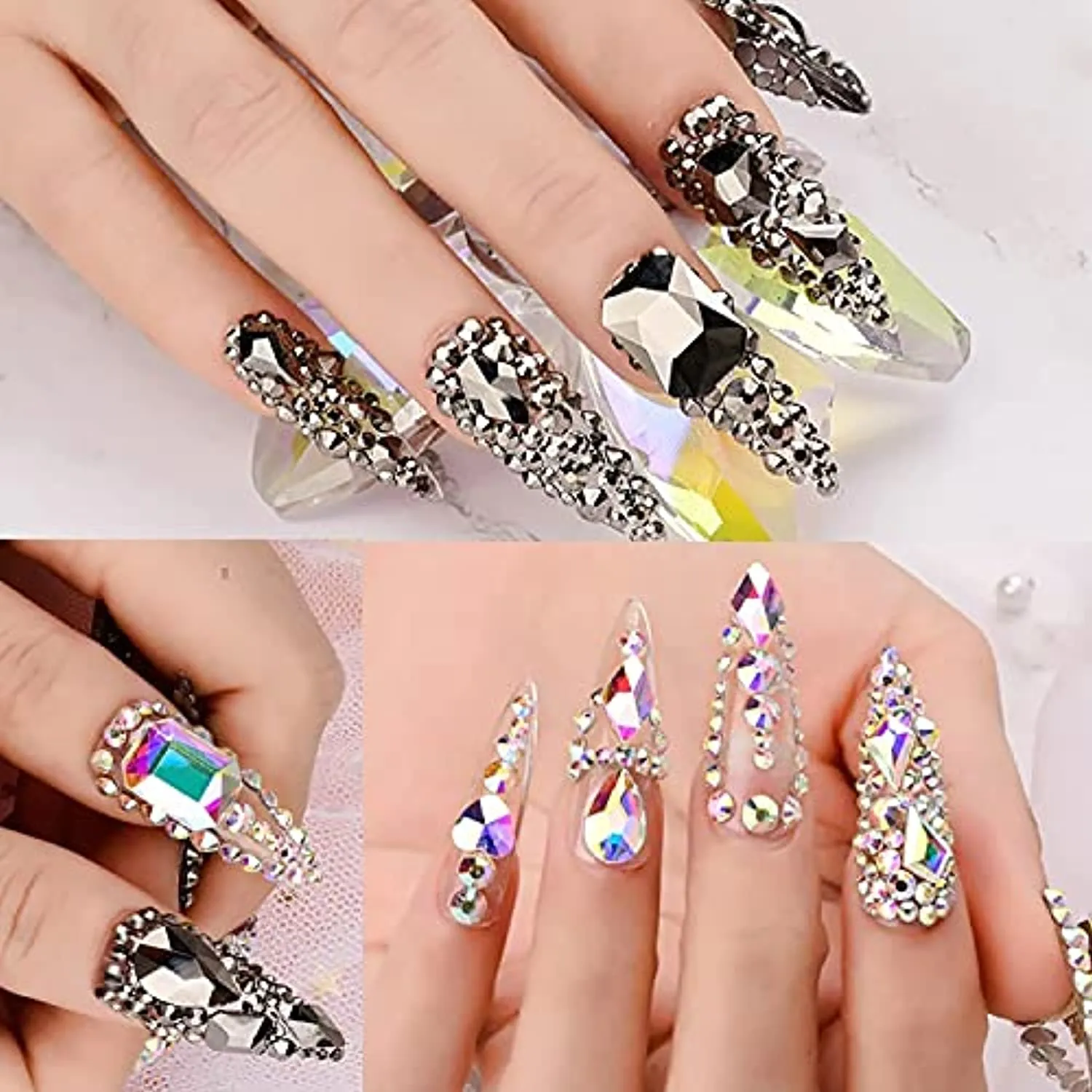 SILPECWEE 6 Boxes Flat-back Rhinestones For Nail Art AB Nail Crystals Laser Nail Gems Stones Diamonds 3D Nail Decoration Kit With 1Pc Tweezers, Picker Pencil