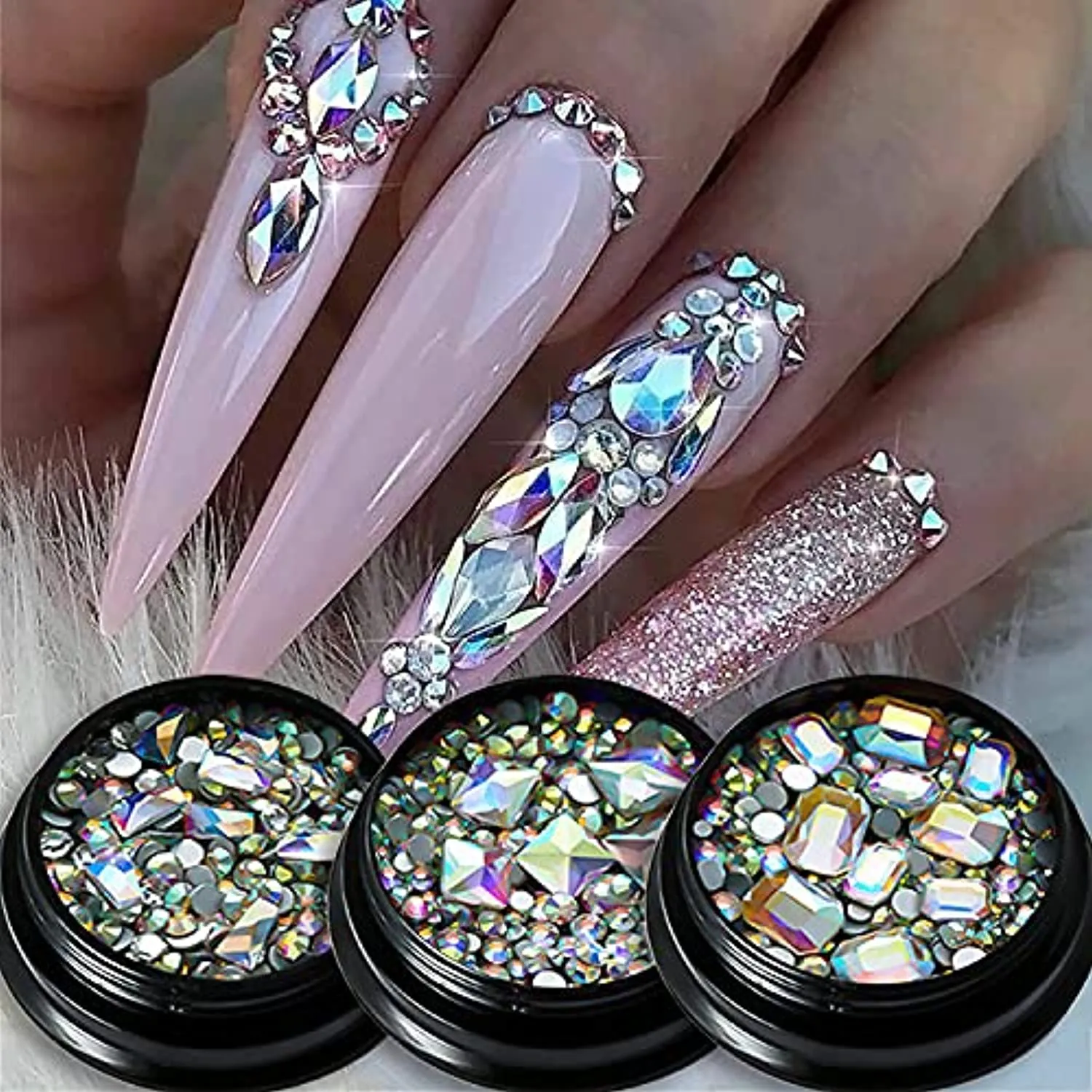 SILPECWEE 6 Boxes Flat-back Rhinestones For Nail Art AB Nail Crystals Laser Nail Gems Stones Diamonds 3D Nail Decoration Kit With 1Pc Tweezers, Picker Pencil