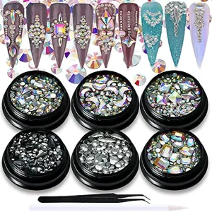 SILPECWEE 6 Boxes Flat-back Rhinestones For Nail Art AB Nail Crystals Laser Nail Gems Stones Diamonds 3D Nail Decoration Kit With 1Pc Tweezers, Picker Pencil