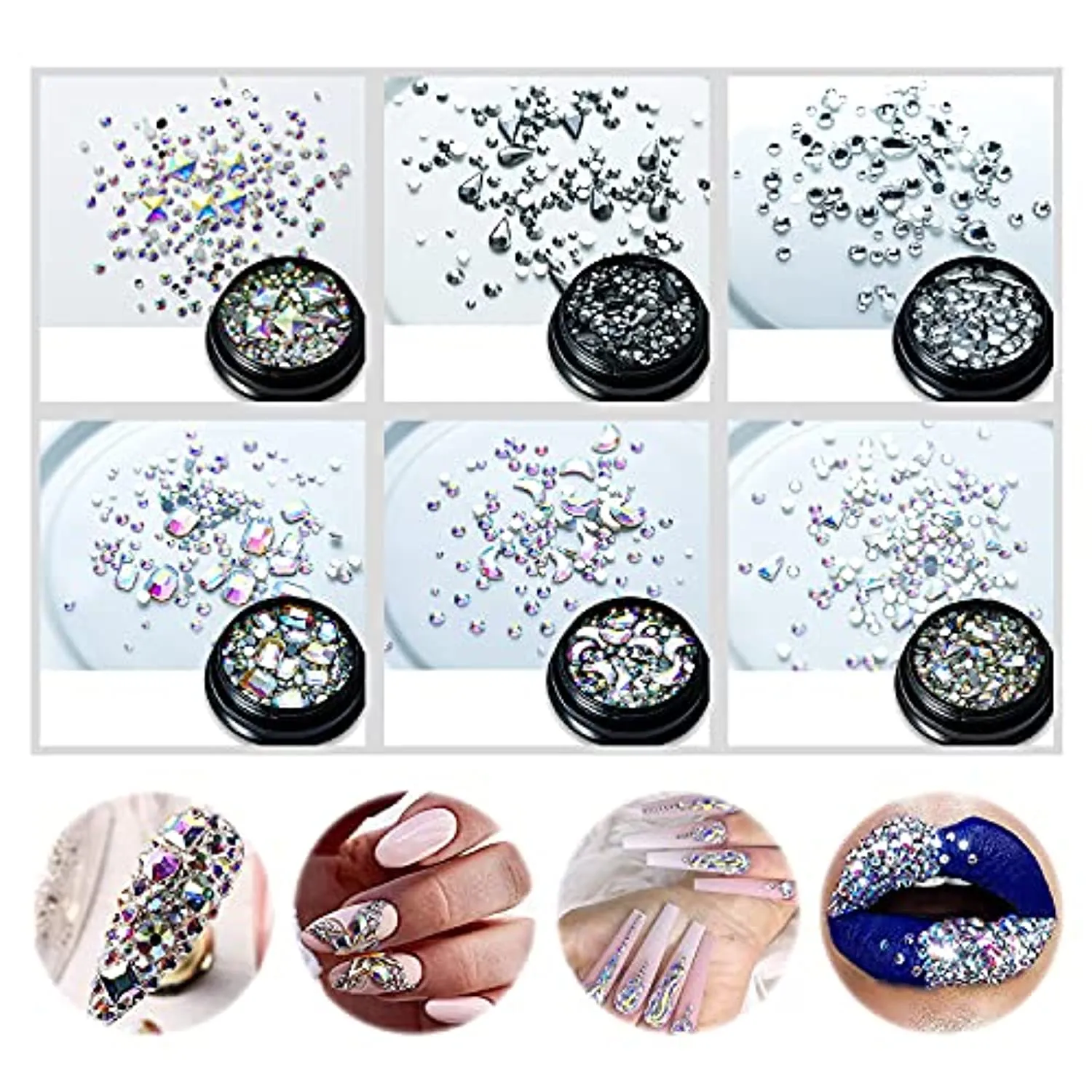 SILPECWEE 6 Boxes Flat-back Rhinestones For Nail Art AB Nail Crystals Laser Nail Gems Stones Diamonds 3D Nail Decoration Kit With 1Pc Tweezers, Picker Pencil