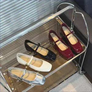 Silver Mary Jane Shoes Women's Square Toe French Line With Block Heel Temperament Gentle Shallow 2024 New Single Shoes Flat Sole