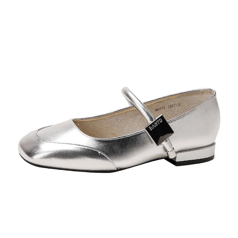 Silver Mary Jane Shoes Women's Square Toe French Line With Block Heel Temperament Gentle Shallow 2024 New Single Shoes Flat Sole