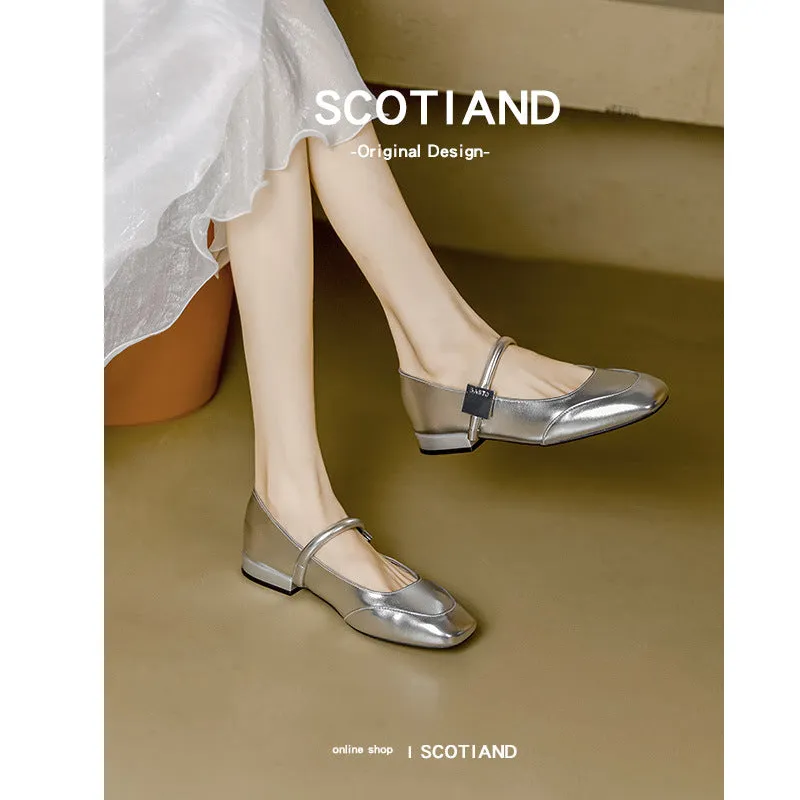 Silver Mary Jane Shoes Women's Square Toe French Line With Block Heel Temperament Gentle Shallow 2024 New Single Shoes Flat Sole