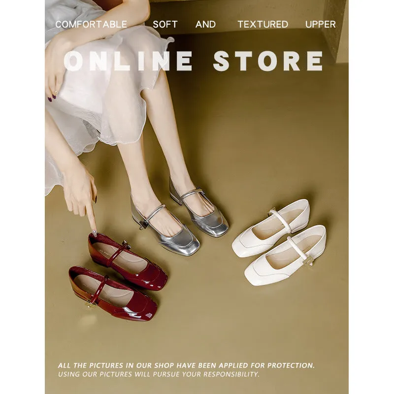 Silver Mary Jane Shoes Women's Square Toe French Line With Block Heel Temperament Gentle Shallow 2024 New Single Shoes Flat Sole