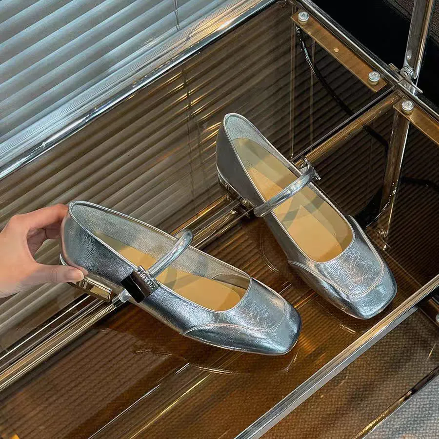 Silver Mary Jane Shoes Women's Square Toe French Line With Block Heel Temperament Gentle Shallow 2024 New Single Shoes Flat Sole