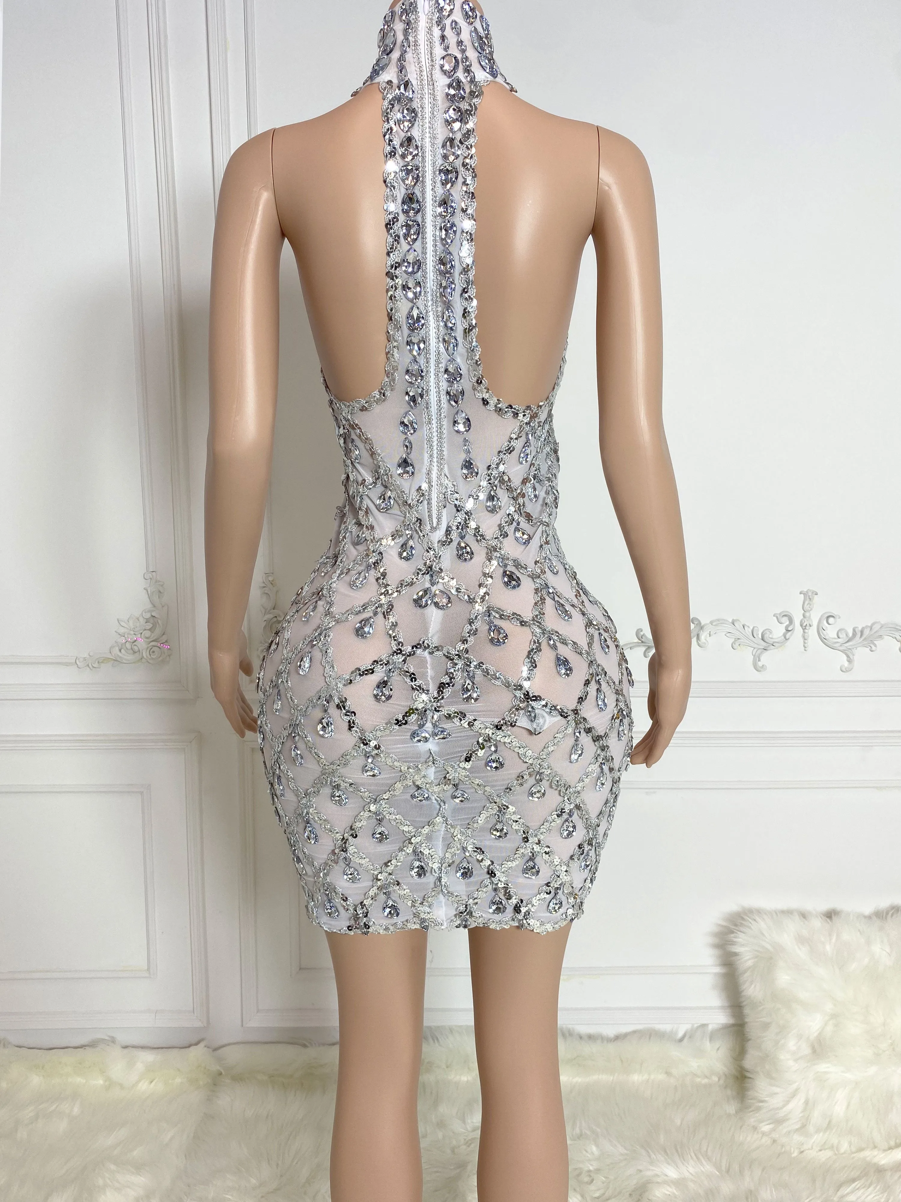 Silver See Through and Big Rhinestone Sleeveless Mini Dress