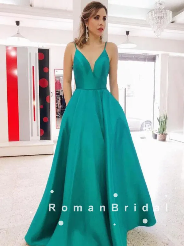 Simple A-Line V-Neck Spaghetti Straps Satin Cheap Long Prom Dresses,RBPD0102