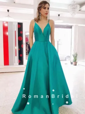 Simple A-Line V-Neck Spaghetti Straps Satin Cheap Long Prom Dresses,RBPD0102