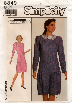 Simplicity 8849 BELLE FRANCE Womens Side Gathered Drop Waisted Dress 1980s Vintage Sewing Pattern Size 14 UNCUT Factory Folded