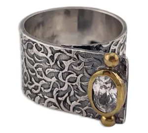 size 7.25 sterling silver & brass textured rhinestone high profile ring