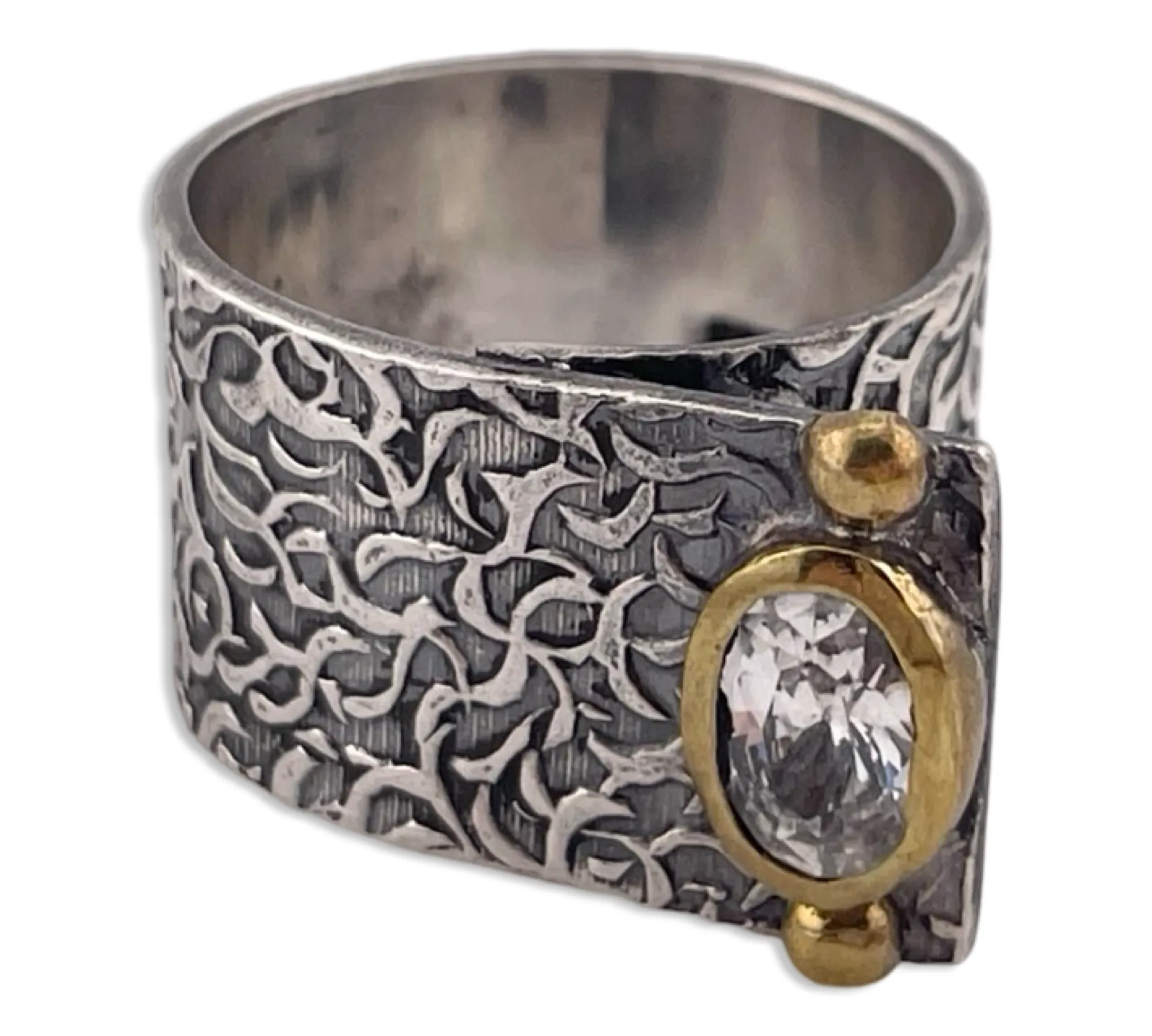size 7.25 sterling silver & brass textured rhinestone high profile ring