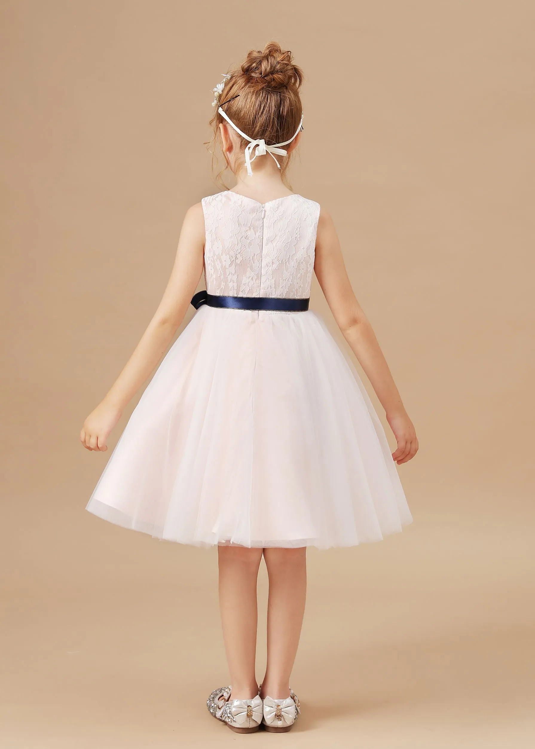 Sleeveless Lace Tulle Satin Flower Girl Dresses With Bowknot Satin-Sash
