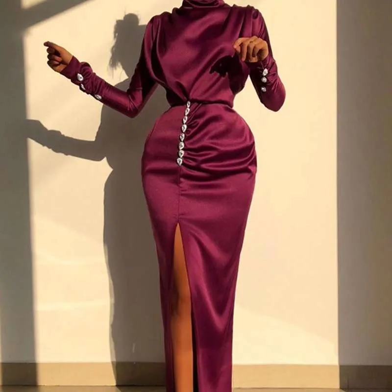 Solid Long Sleeve Turtleneck High Waist Rhinestone High Slit Dress