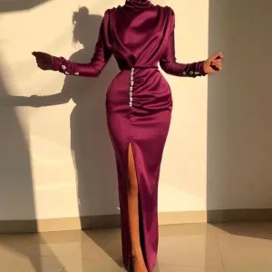 Solid Long Sleeve Turtleneck High Waist Rhinestone High Slit Dress