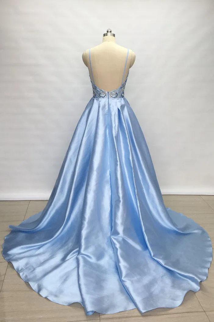 Spaghetti Straps Light Sky Blue Satin Long Prom Dress with Slit OKW4