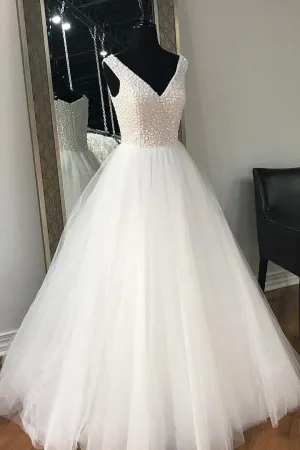 Sparkly Prom Dresses A Line V-neck Sleeveless Rhinestone Long Chic Tulle Prom Dress OHC250