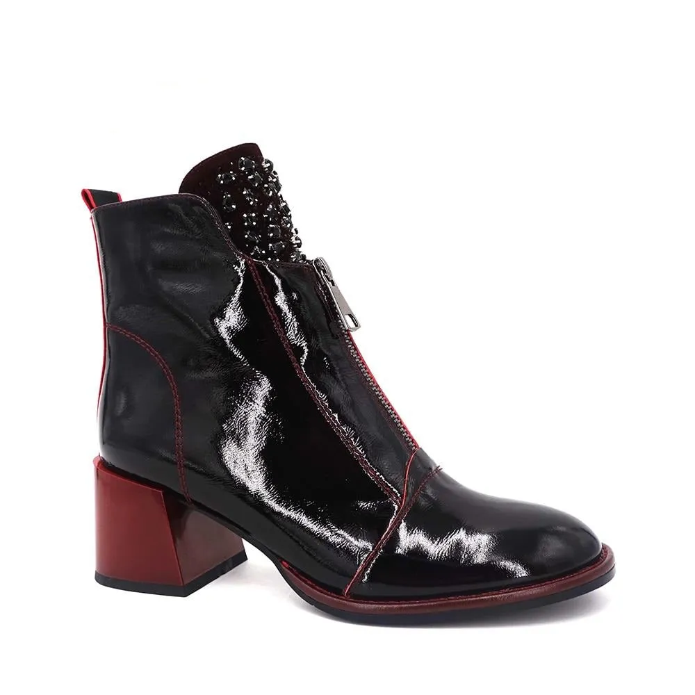 Spring Autumn Women Ankle Boots Thick Heel Patent leather Black Temperament Shoes  Ladies High Quality Boots