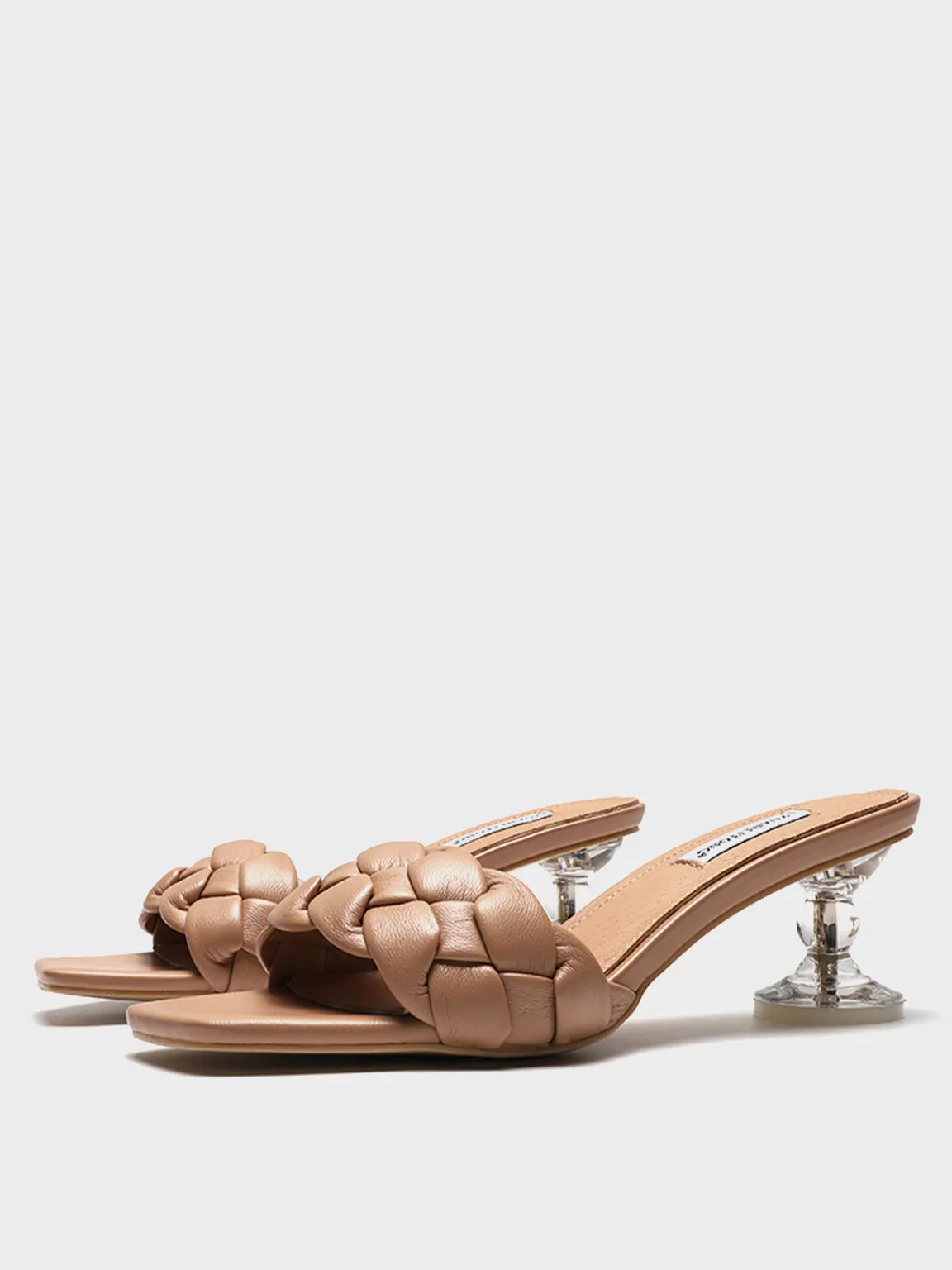 Square Peep Toe Padded leather Woven Mules Chunky Braid Heels Clear Kitten Heeled Sandal