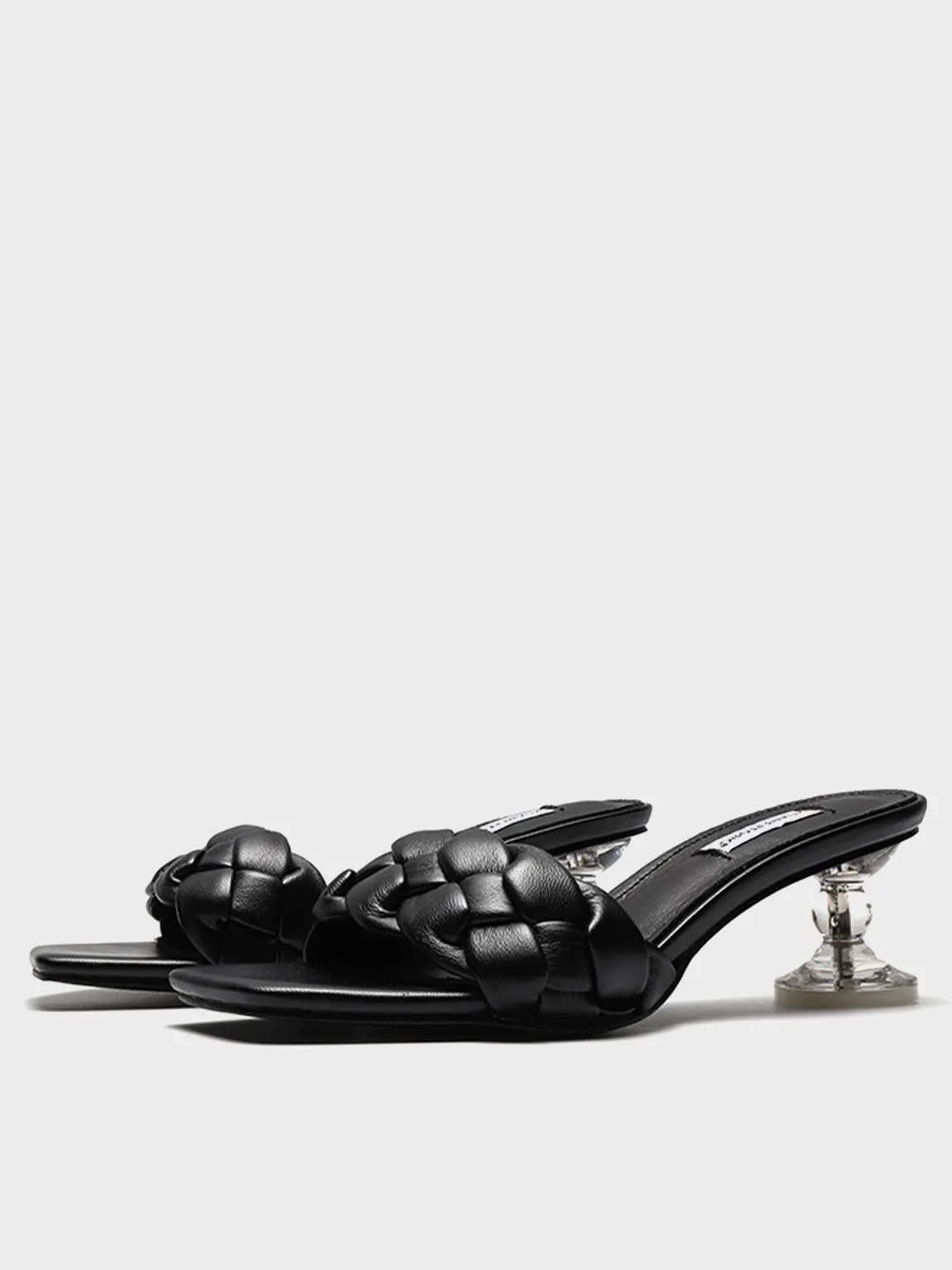 Square Peep Toe Padded leather Woven Mules Chunky Braid Heels Clear Kitten Heeled Sandal
