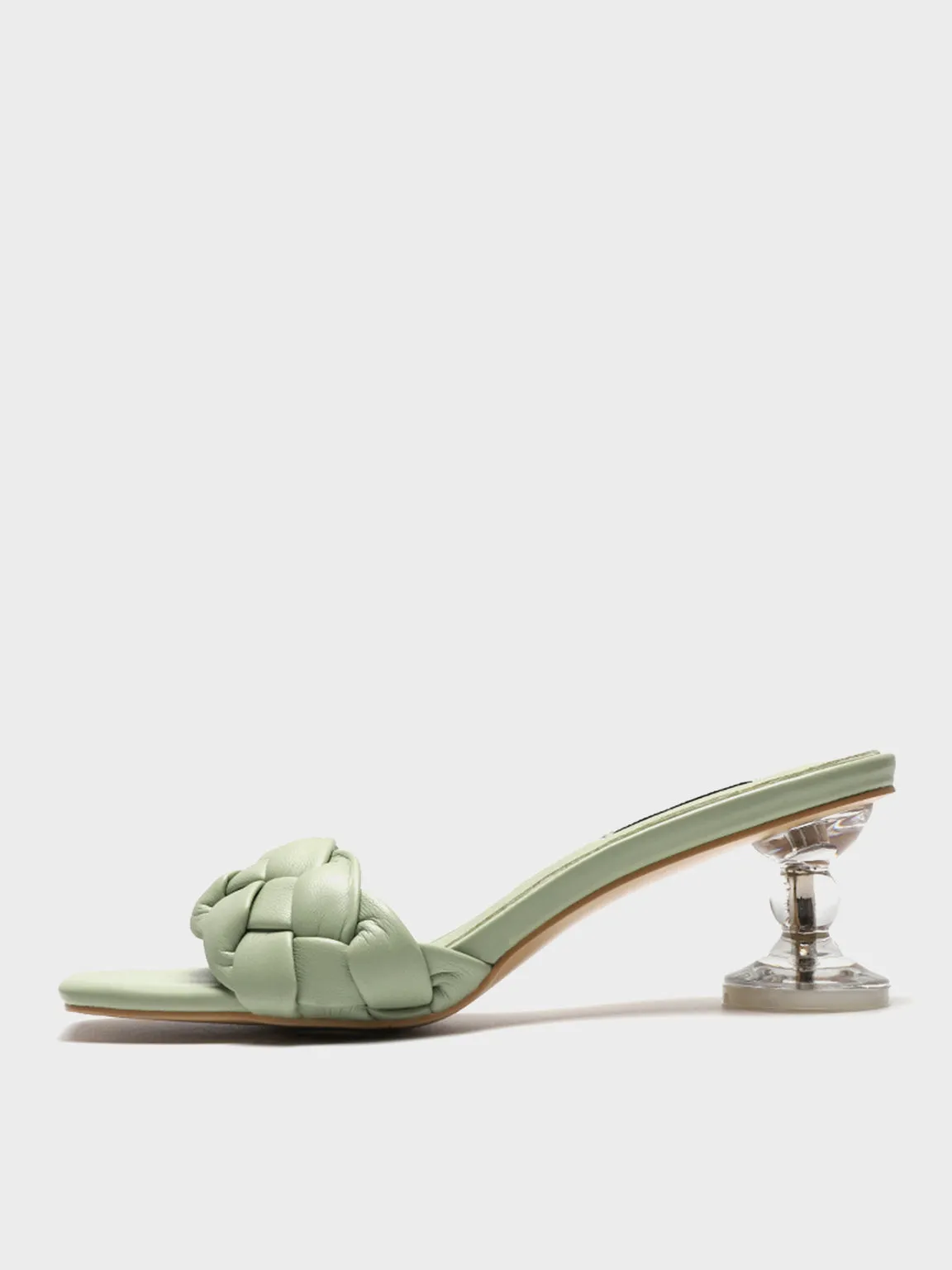 Square Peep Toe Padded leather Woven Mules Chunky Braid Heels Clear Kitten Heeled Sandal