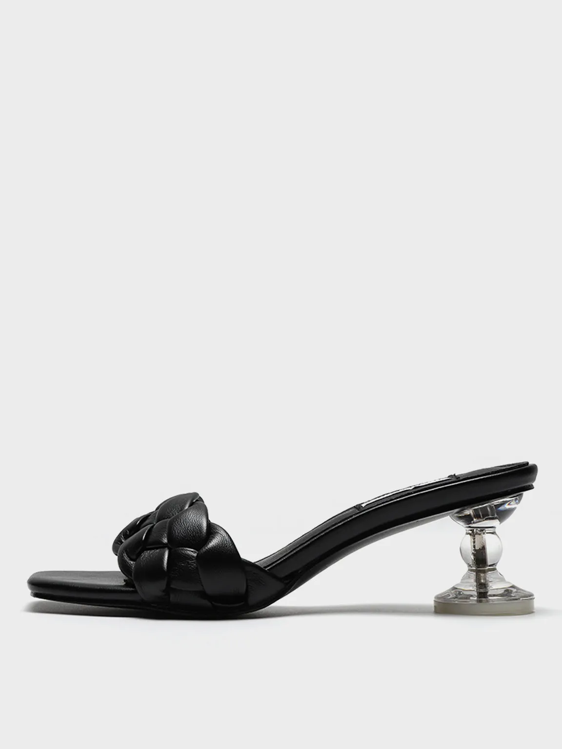 Square Peep Toe Padded leather Woven Mules Chunky Braid Heels Clear Kitten Heeled Sandal