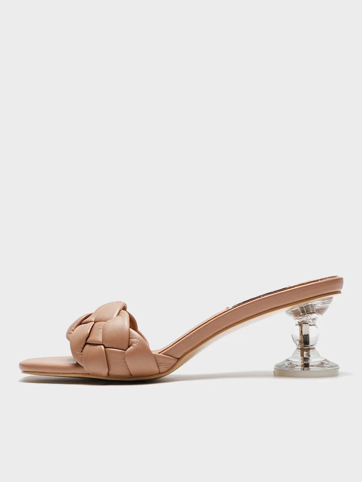 Square Peep Toe Padded leather Woven Mules Chunky Braid Heels Clear Kitten Heeled Sandal