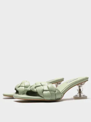 Square Peep Toe Padded leather Woven Mules Chunky Braid Heels Clear Kitten Heeled Sandal