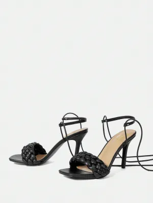 Square Toe Thin High Heel Simple Black Sandals