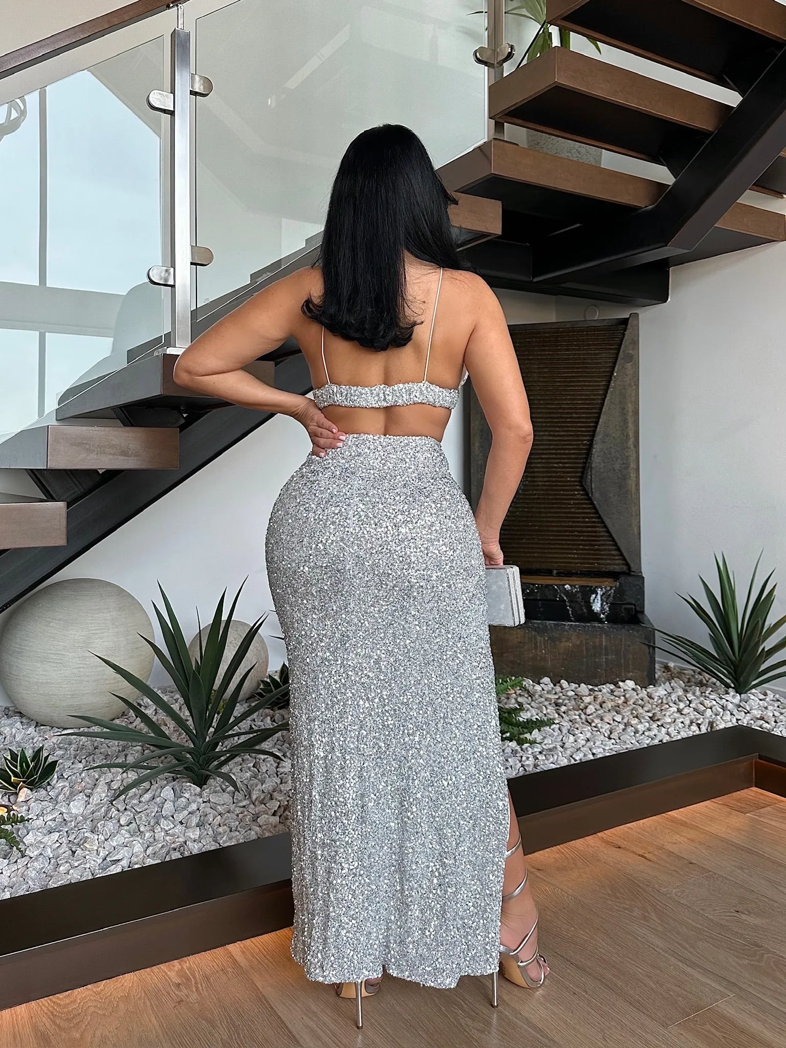 Stardust Shimmer Sequin Skirt Set Silver
