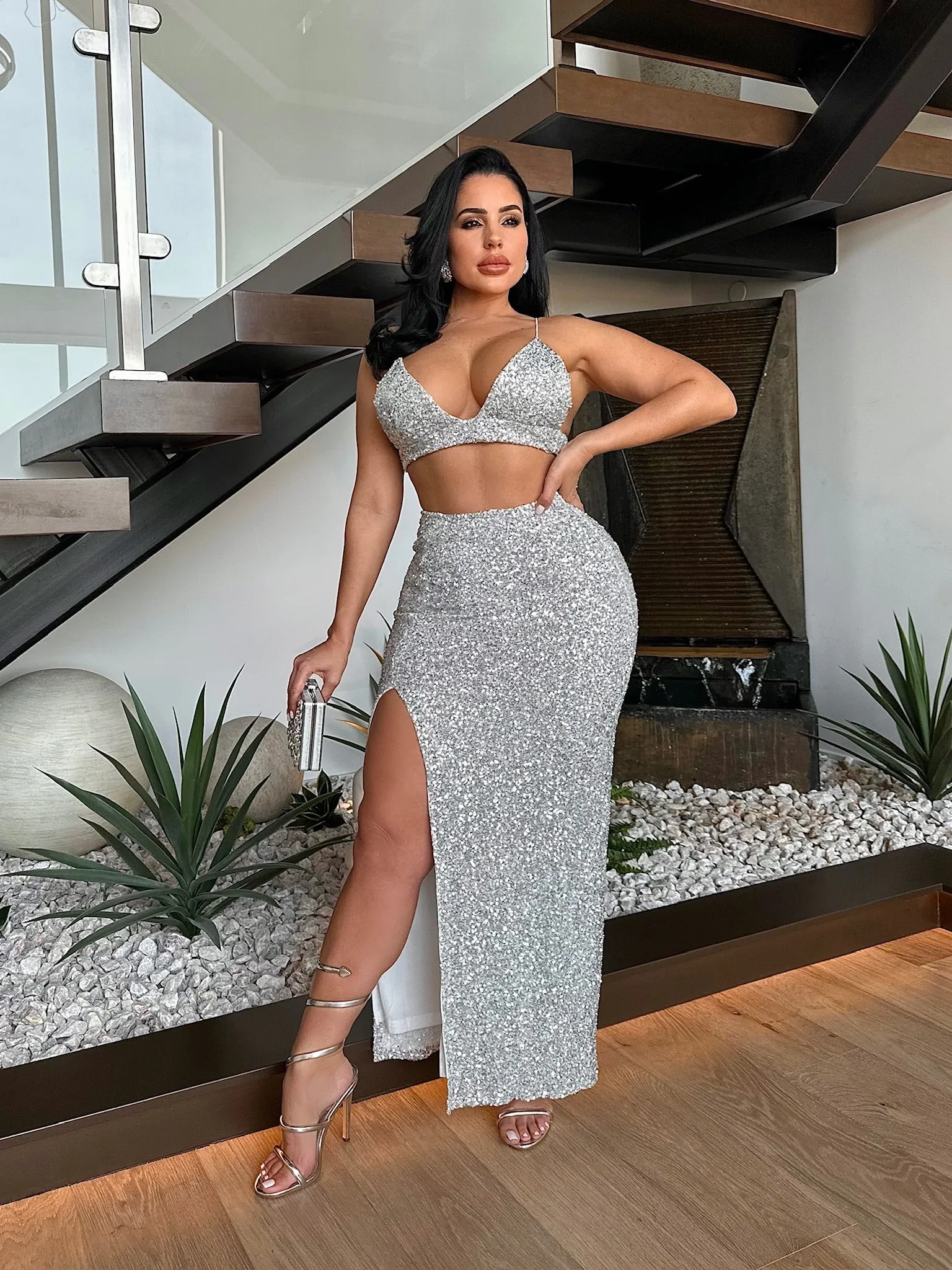 Stardust Shimmer Sequin Skirt Set Silver