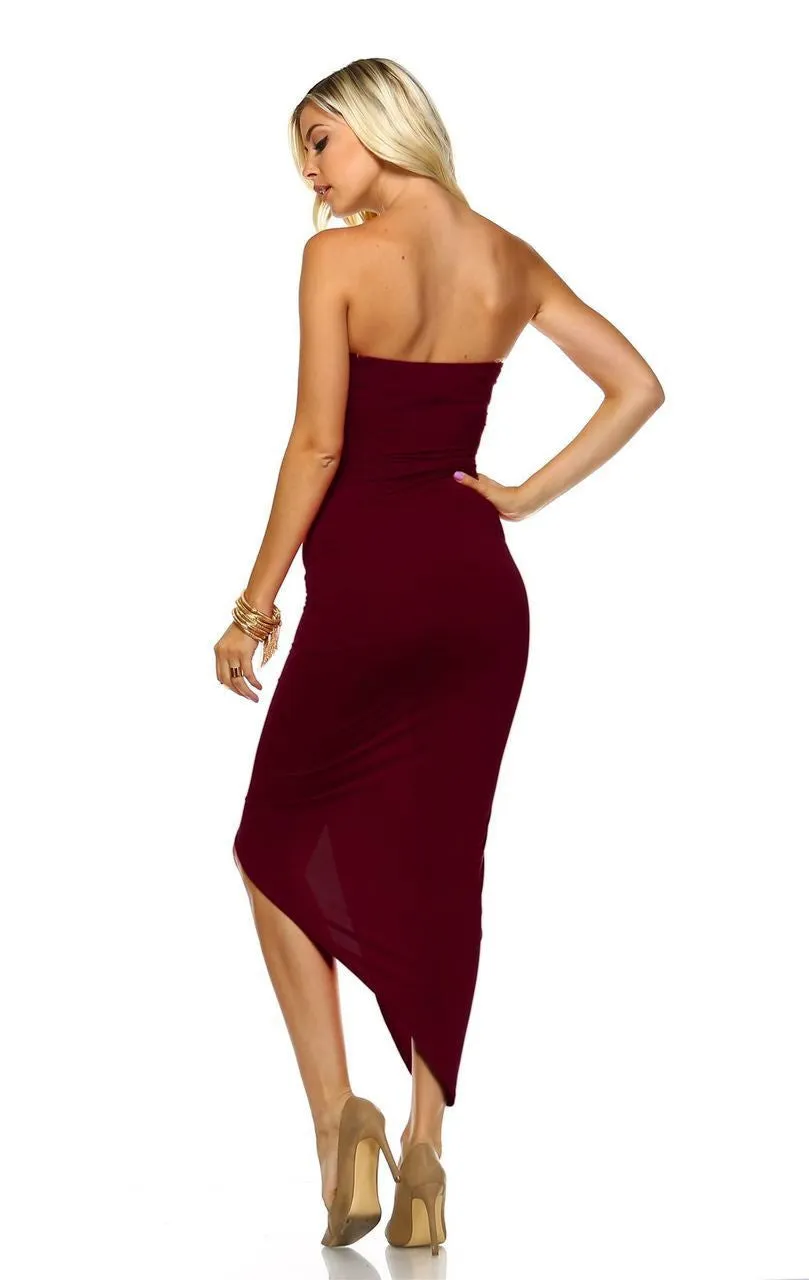 Strapless Bodycon Maxi Club Dress Ruched Detail with Cutout Burgundy