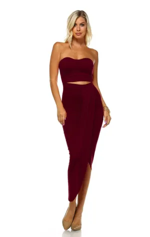 Strapless Bodycon Maxi Club Dress Ruched Detail with Cutout Burgundy