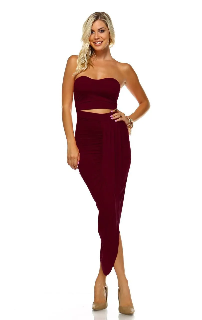 Strapless Bodycon Maxi Club Dress Ruched Detail with Cutout Burgundy