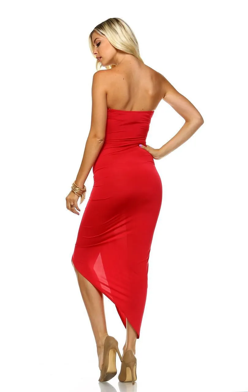 Strapless Bodycon Maxi Club Dress Ruched Detail with Cutout Red