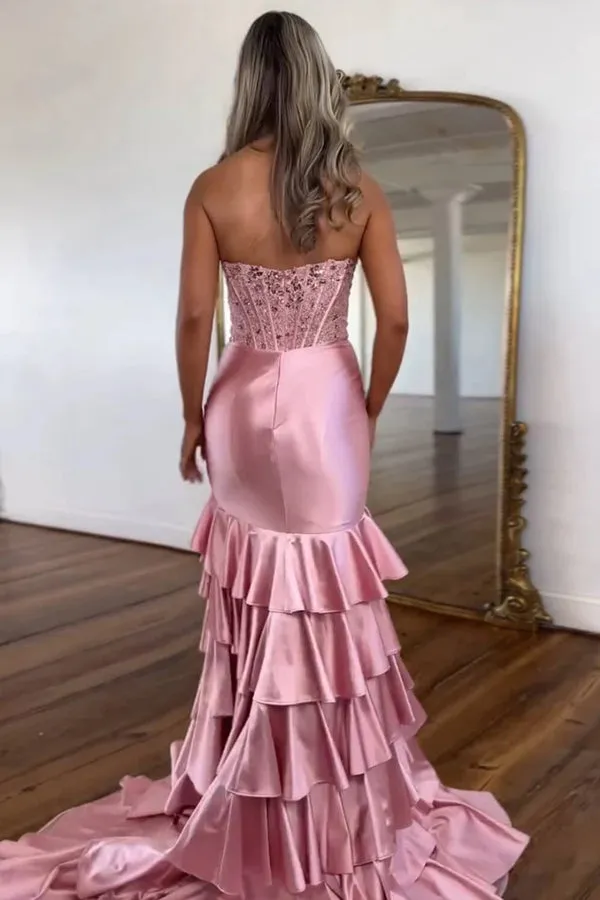 Strapless Corset Pink Prom Dress Party Dress with Ruffle Skirt TP1393