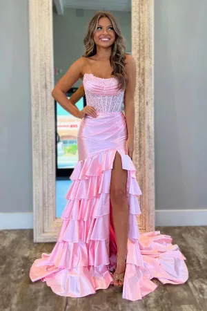 Strapless Corset Pink Prom Dress Party Dress with Ruffle Skirt TP1393