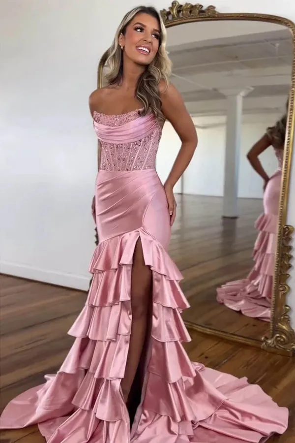 Strapless Corset Pink Prom Dress Party Dress with Ruffle Skirt TP1393