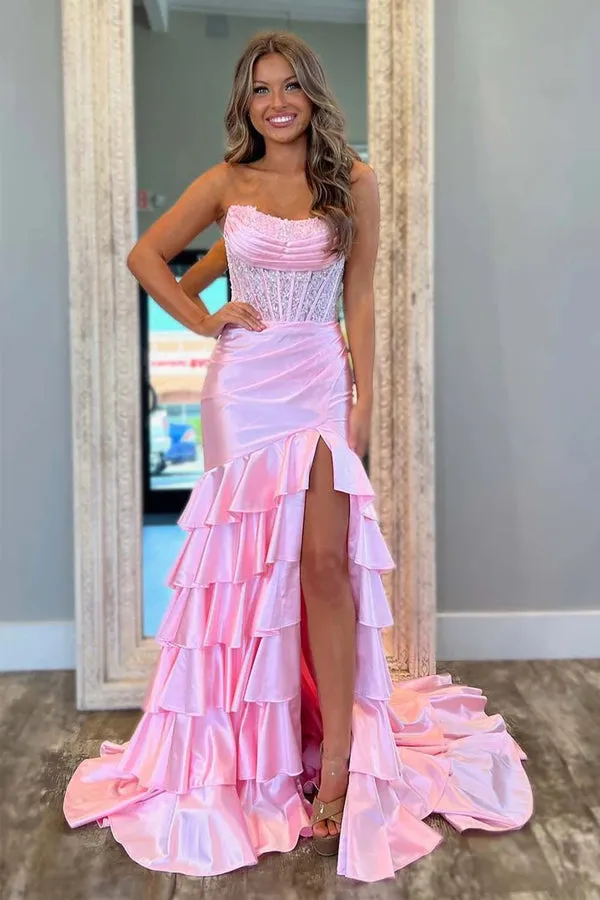 Strapless Corset Pink Prom Dress Party Dress with Ruffle Skirt TP1393