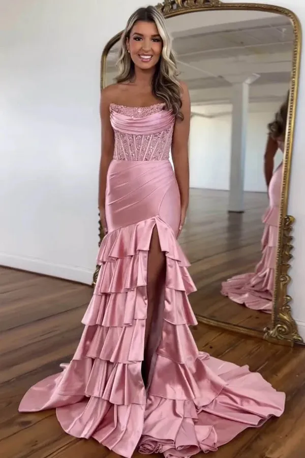 Strapless Corset Pink Prom Dress Party Dress with Ruffle Skirt TP1393